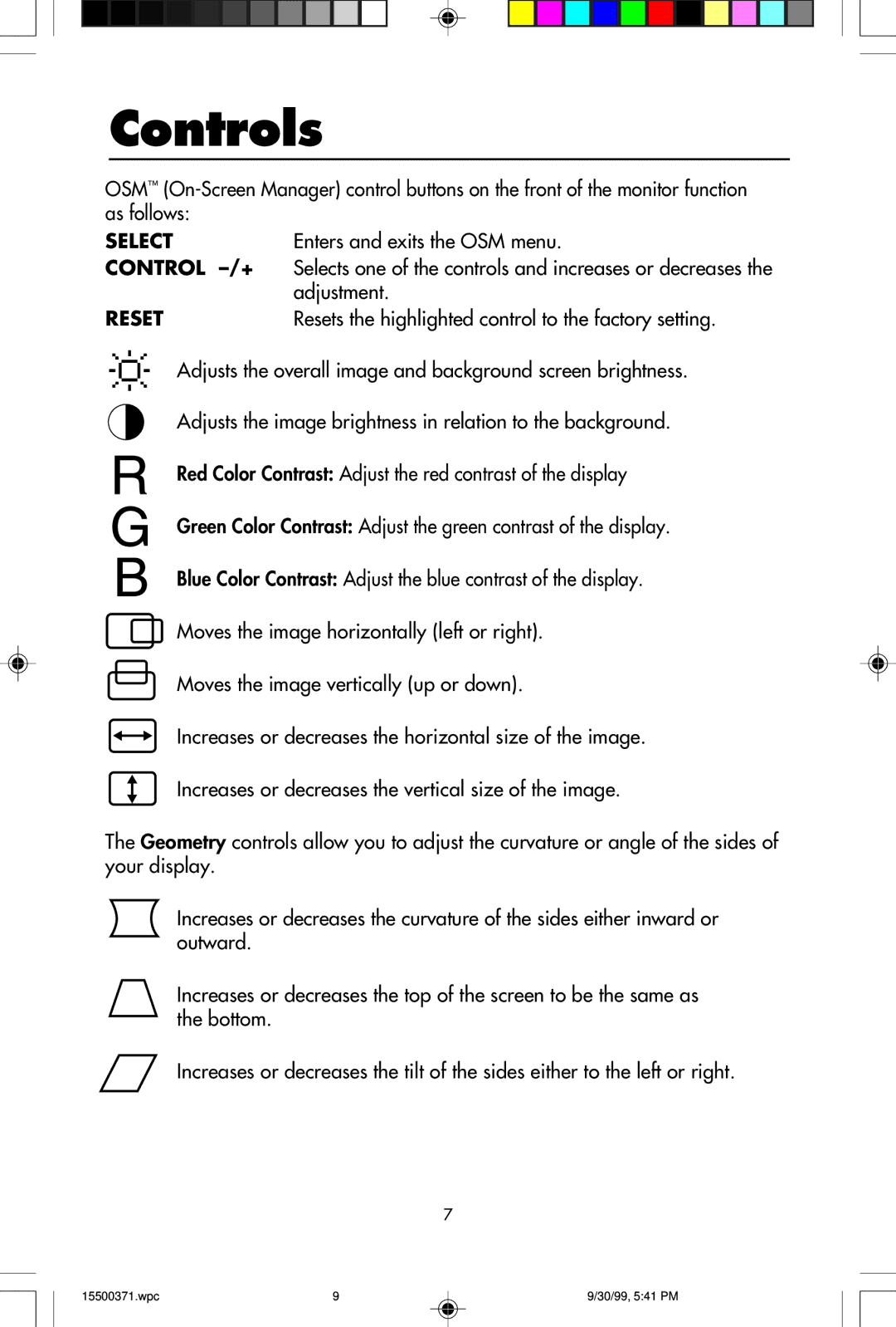 NEC N9701 Controls, Enters and exits the OSM menu, Adjustment, Resets the highlighted control to the factory setting 