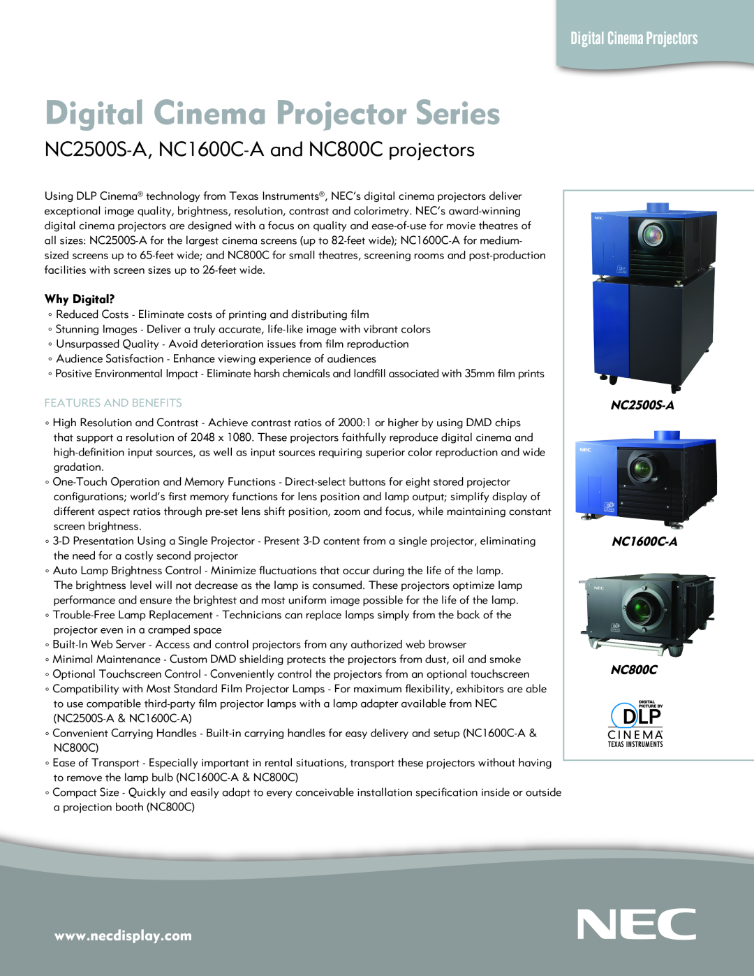 NEC manual Digital Cinema Projector Series, NC2500S-A, NC1600C-Aand NC800C projectors, Digital Cinema Projectors 