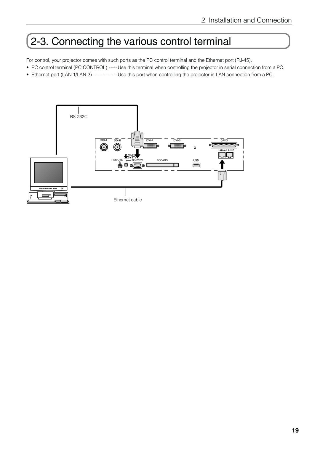 NEC NC1600C user manual Connecting the various control terminal, Installation and Connection, RS-232C, Ethernet cable 