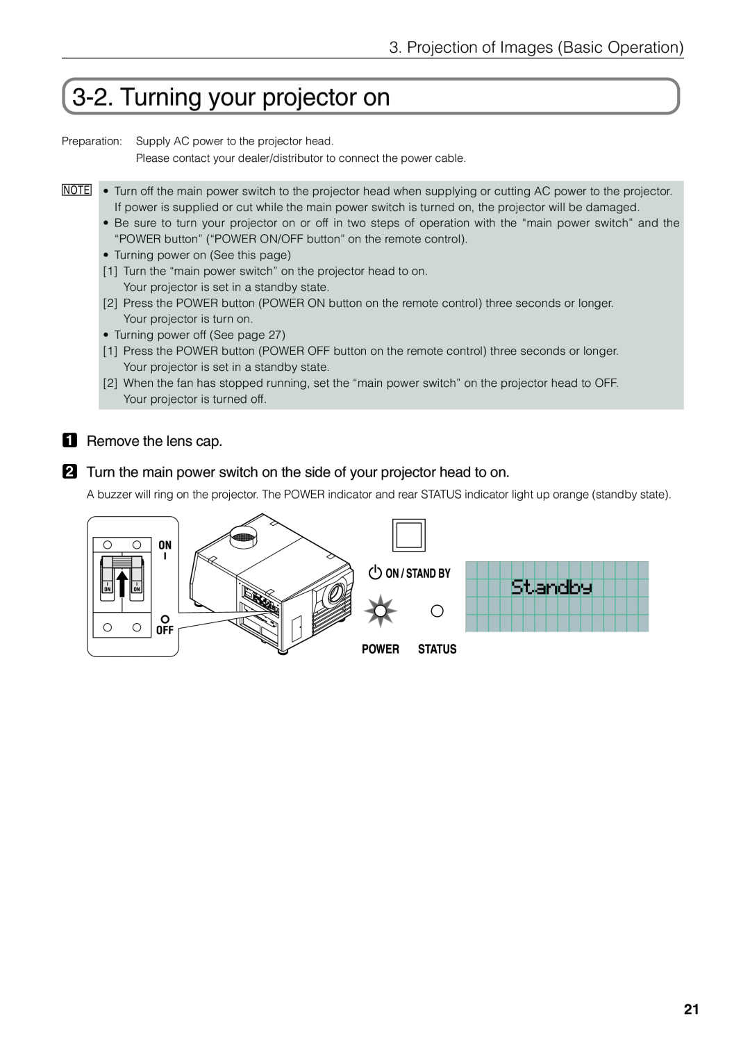 NEC NC1600C user manual Turning your projector on, Projection of Images Basic Operation 
