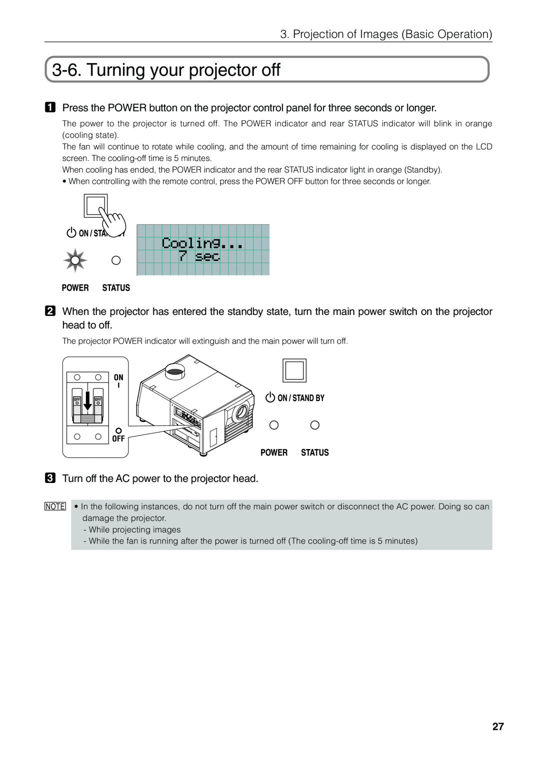 NEC NC1600C user manual Turning your projector off, Projection of Images Basic Operation 