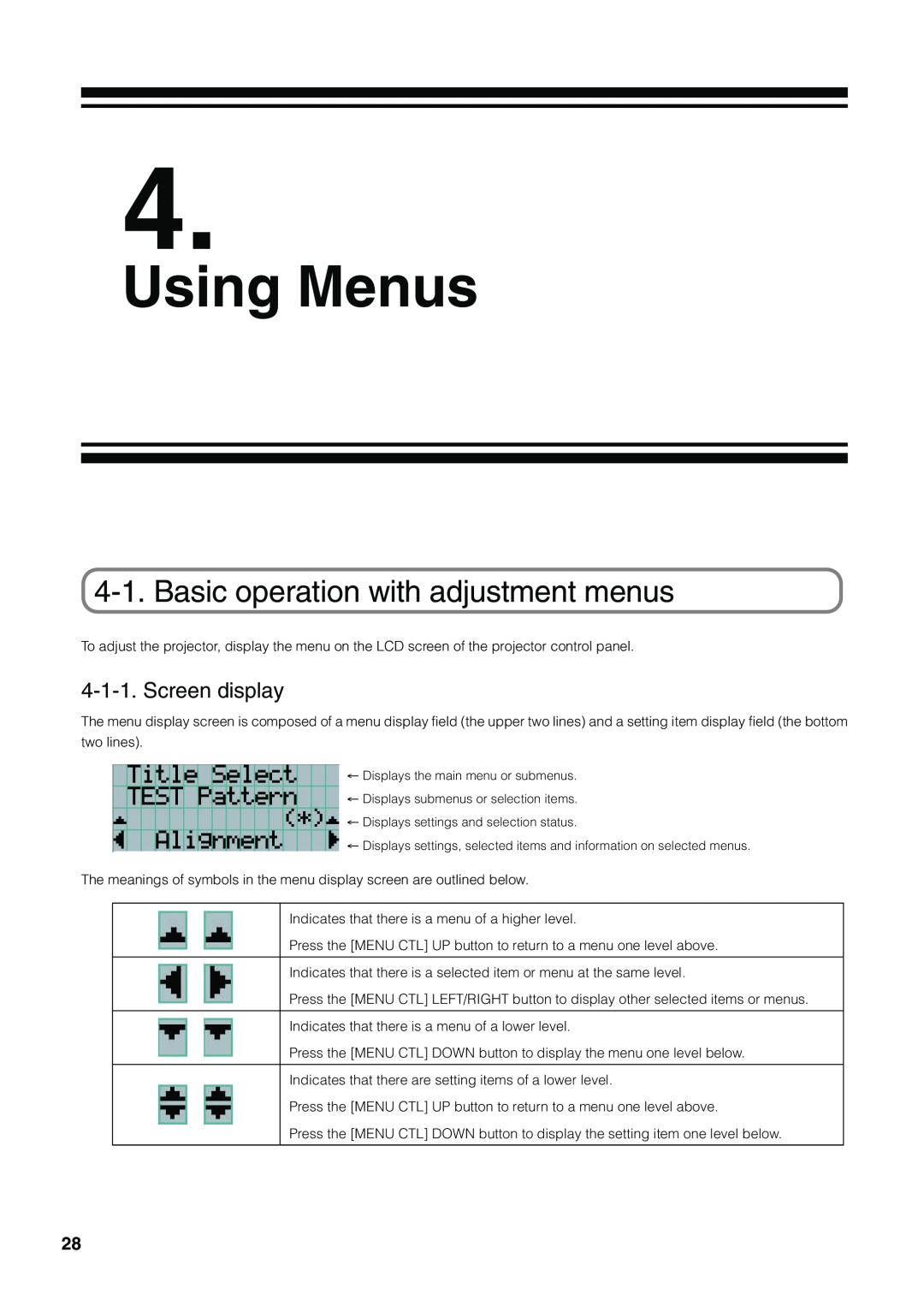 NEC NC1600C user manual Using Menus, Basic operation with adjustment menus, Screen display 