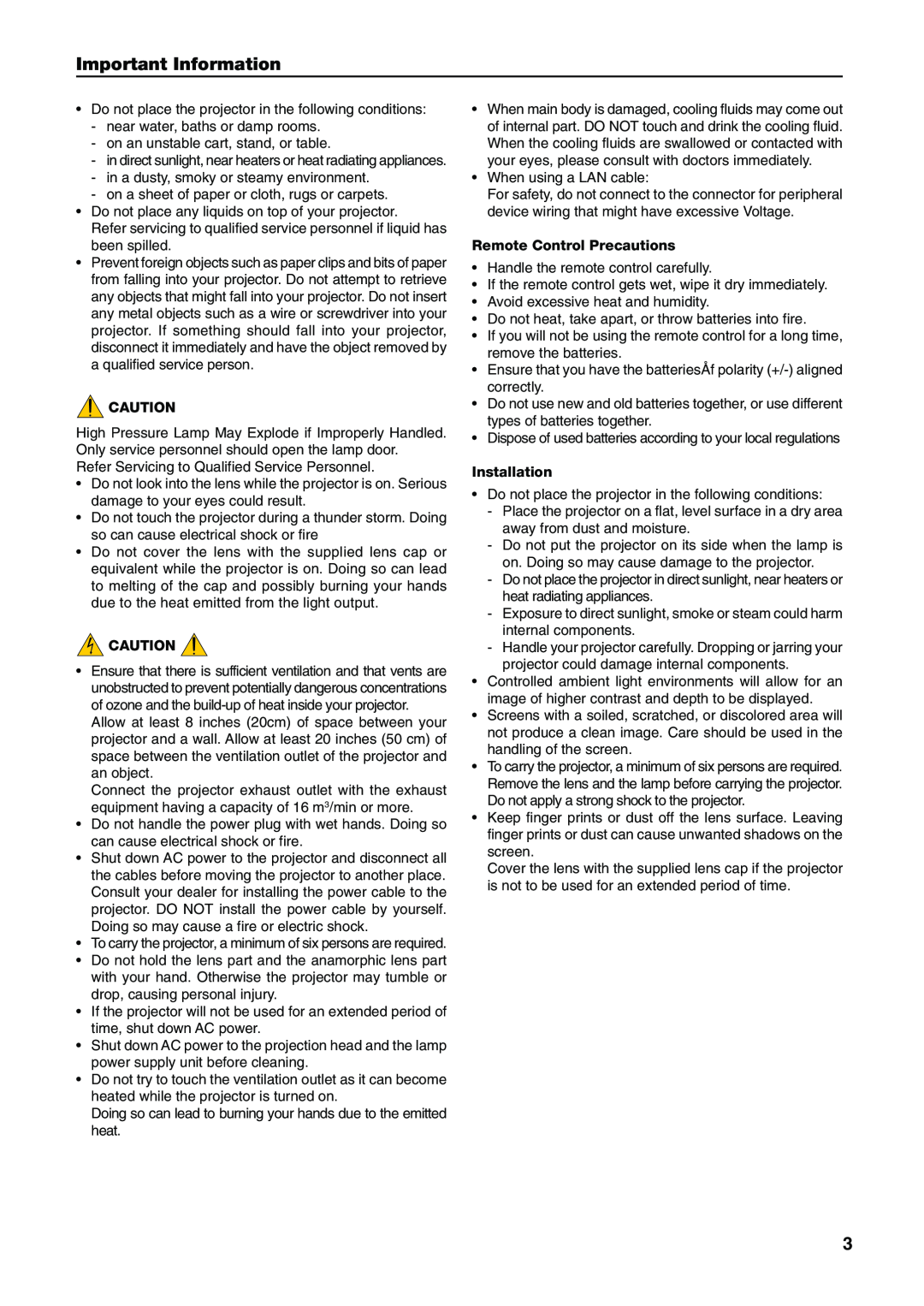 NEC NC1600C user manual Important Information, Remote Control Precautions, Installation 