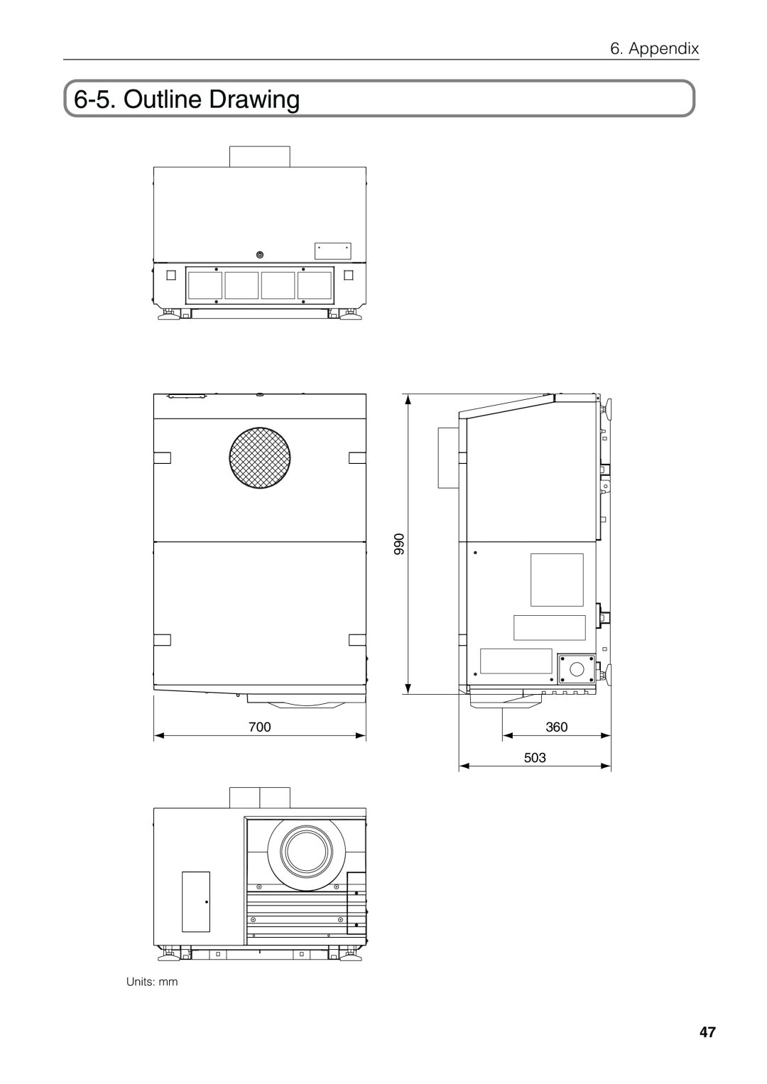 NEC NC1600C user manual Outline Drawing, Appendix, 990, Units mm 