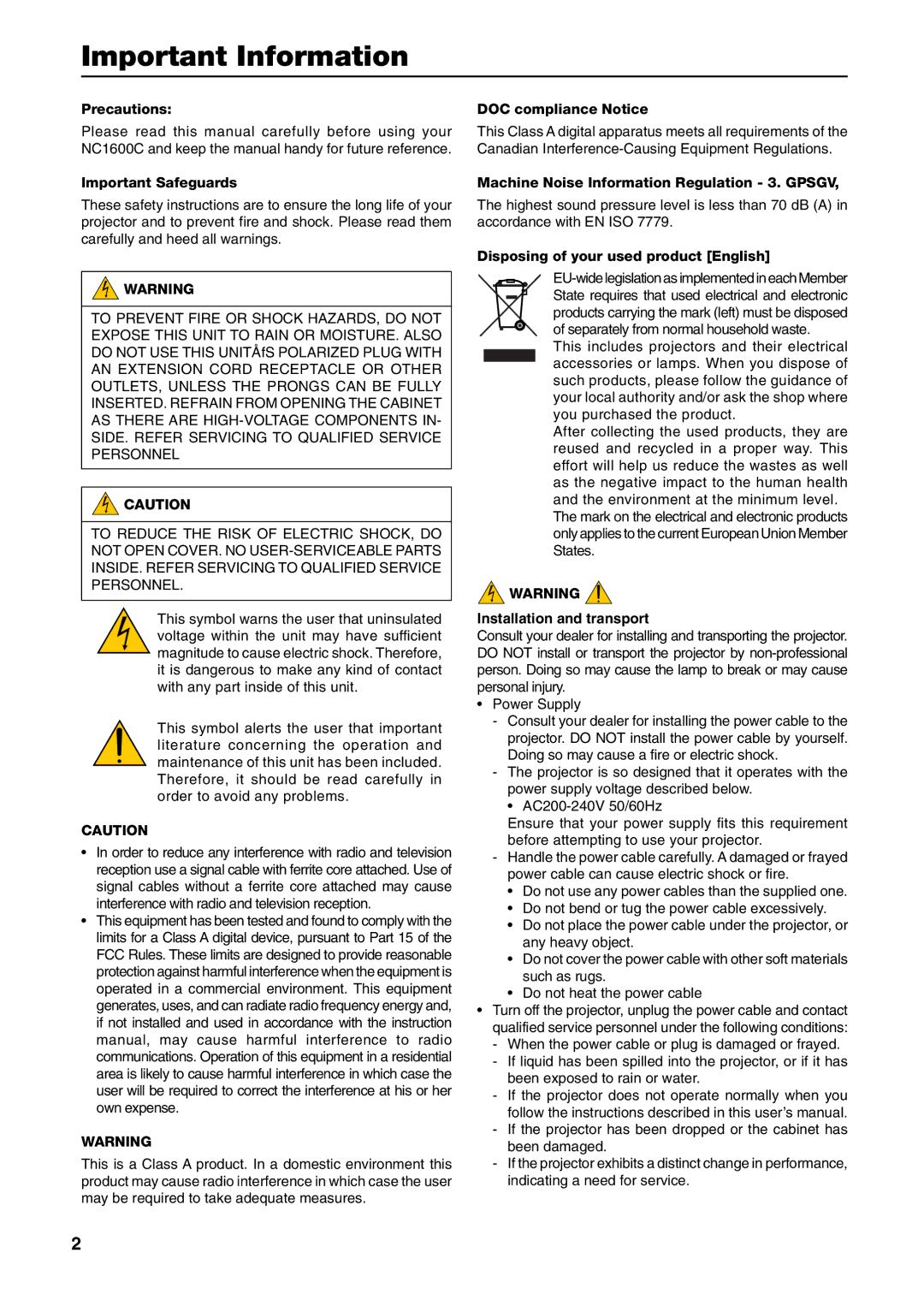 NEC NC1600C user manual Important Information 