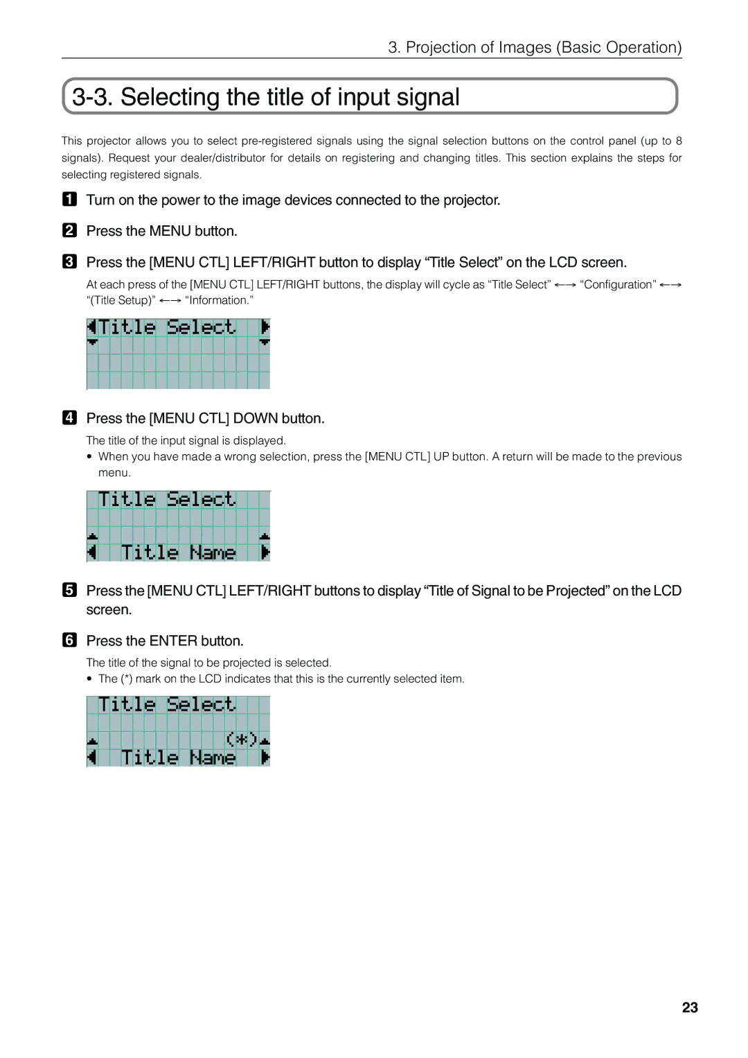 NEC NC1600C user manual Selecting the title of input signal, Press the Menu CTL Down button 