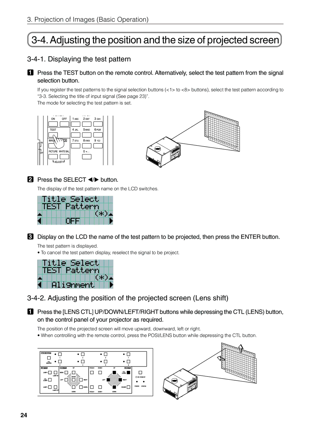 NEC NC1600C user manual Adjusting the position and the size of projected screen, Displaying the test pattern 