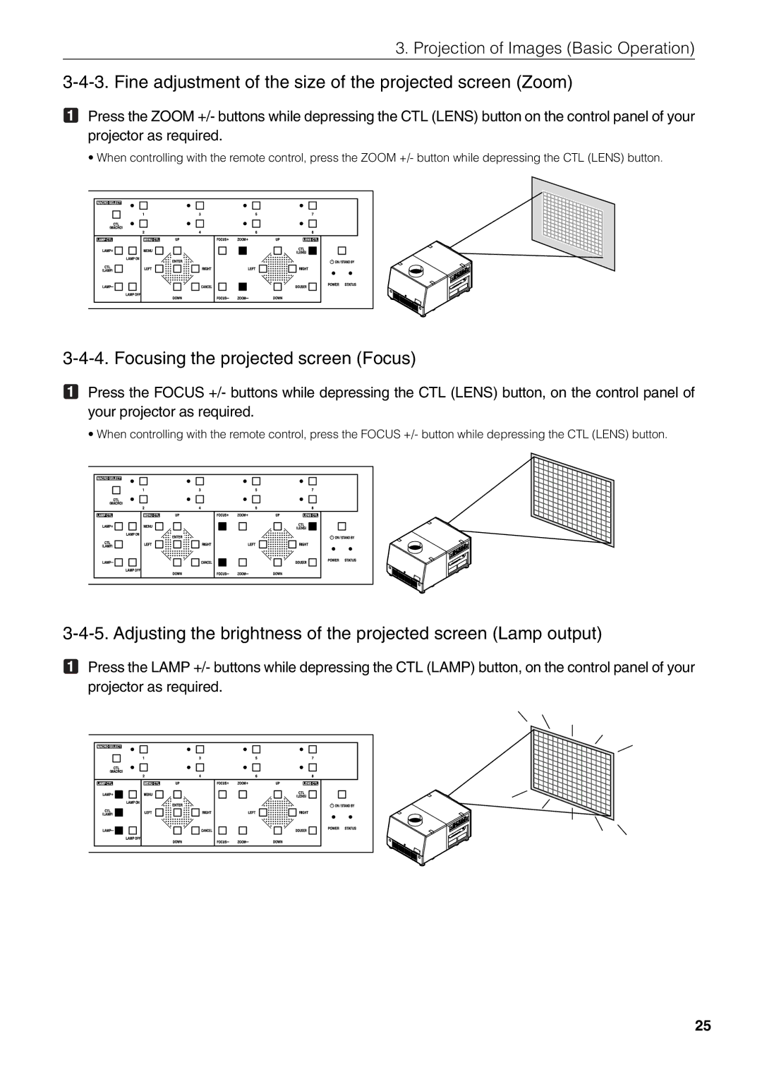 NEC NC1600C user manual Fine adjustment of the size of the projected screen Zoom, Focusing the projected screen Focus 