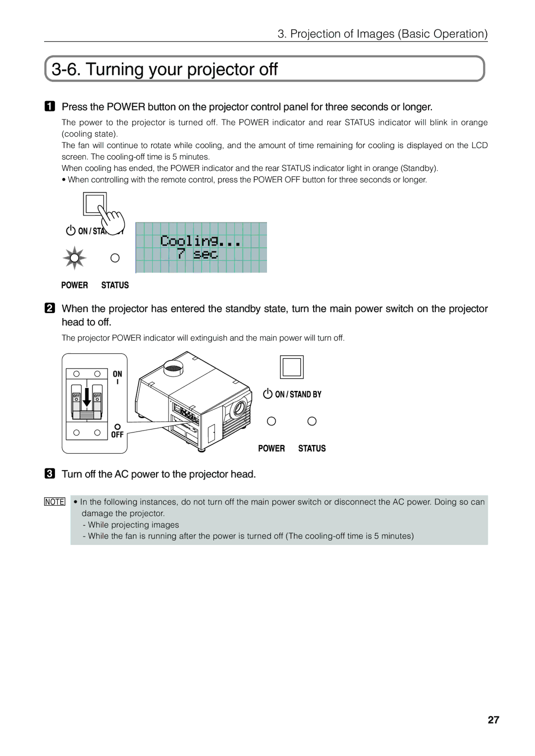 NEC NC1600C user manual Turning your projector off, Turn off the AC power to the projector head 