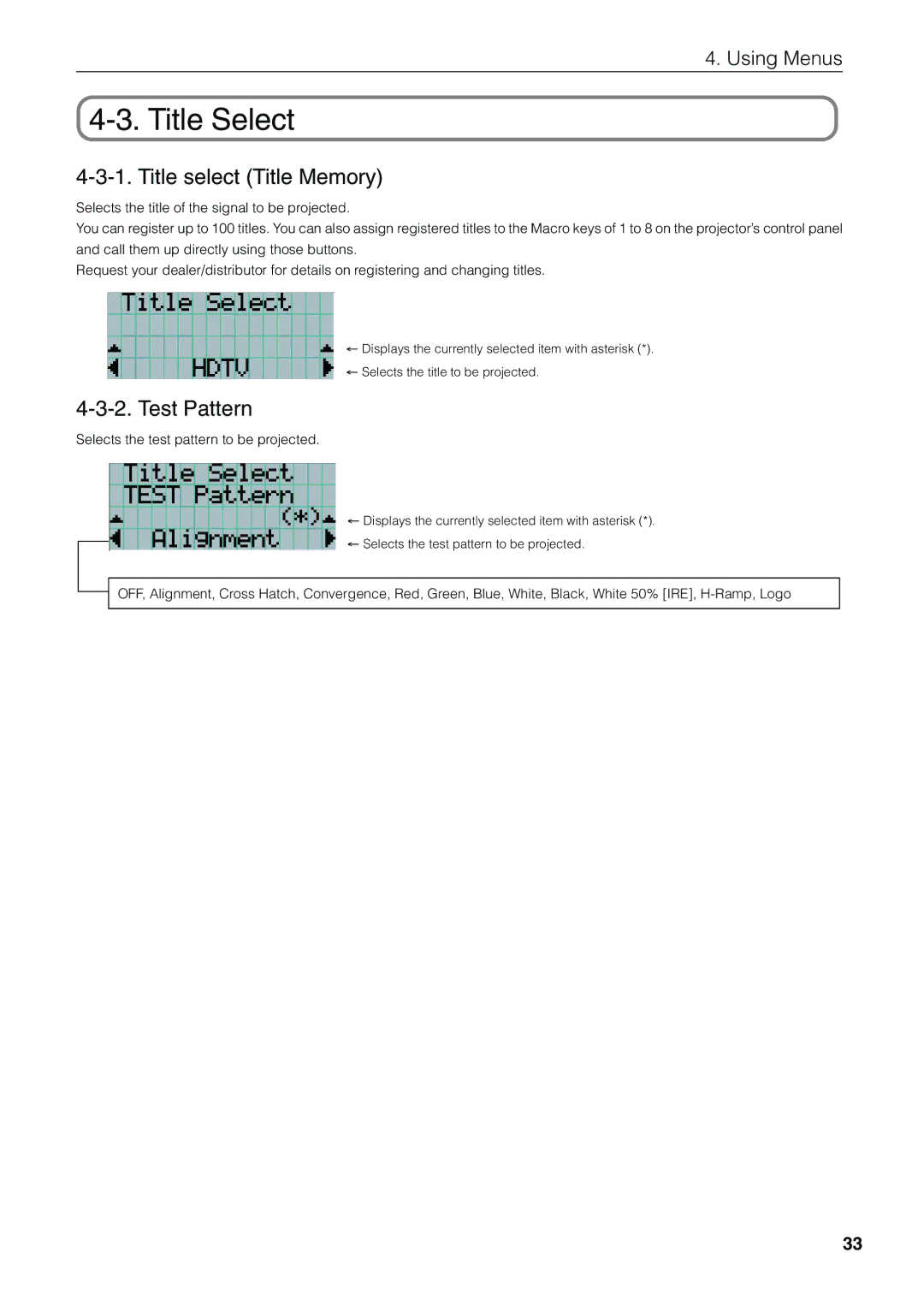 NEC NC1600C user manual Title Select, Title select Title Memory, Test Pattern 