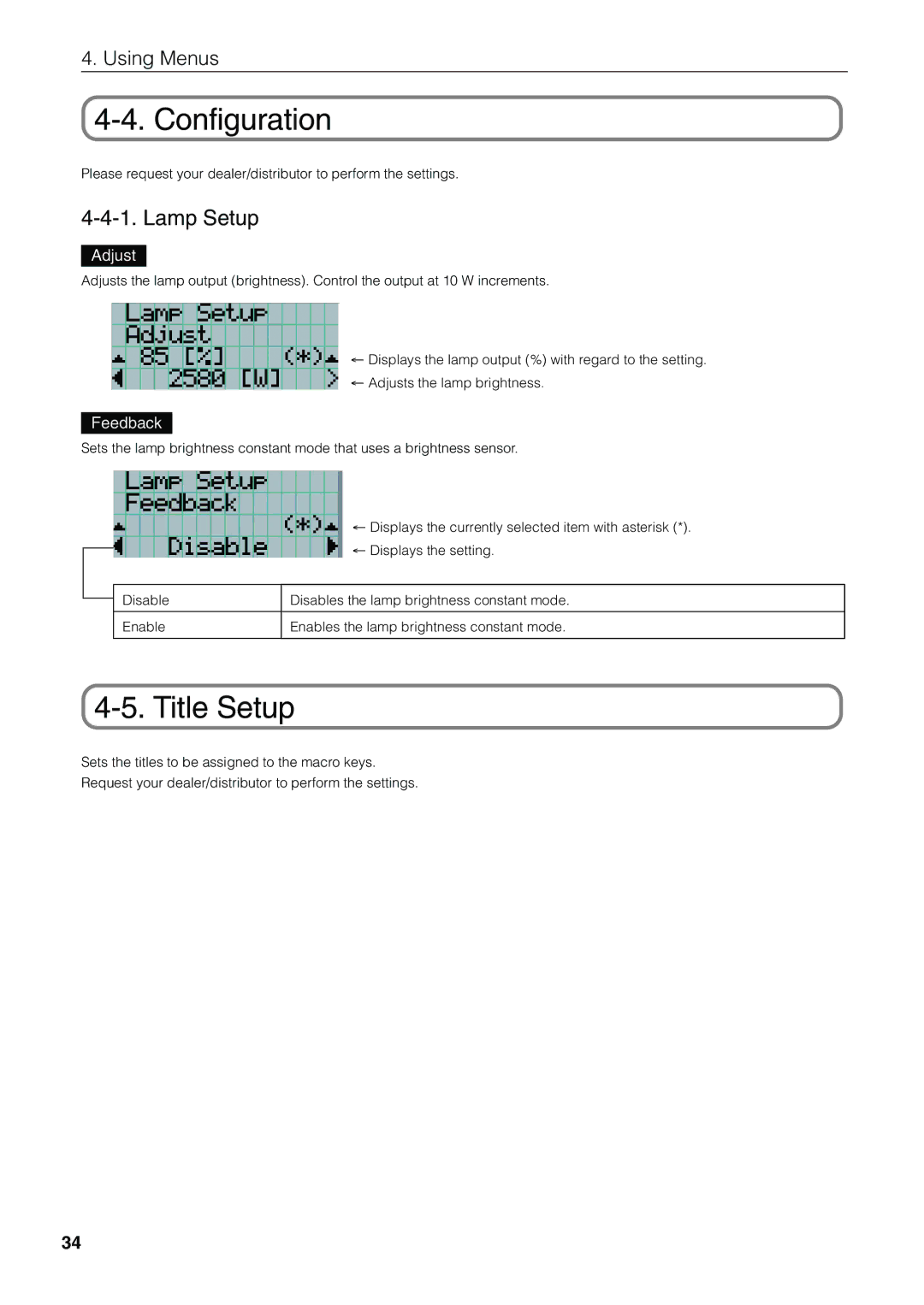 NEC NC1600C user manual Configuration, Title Setup, Lamp Setup, Adjust, Feedback 