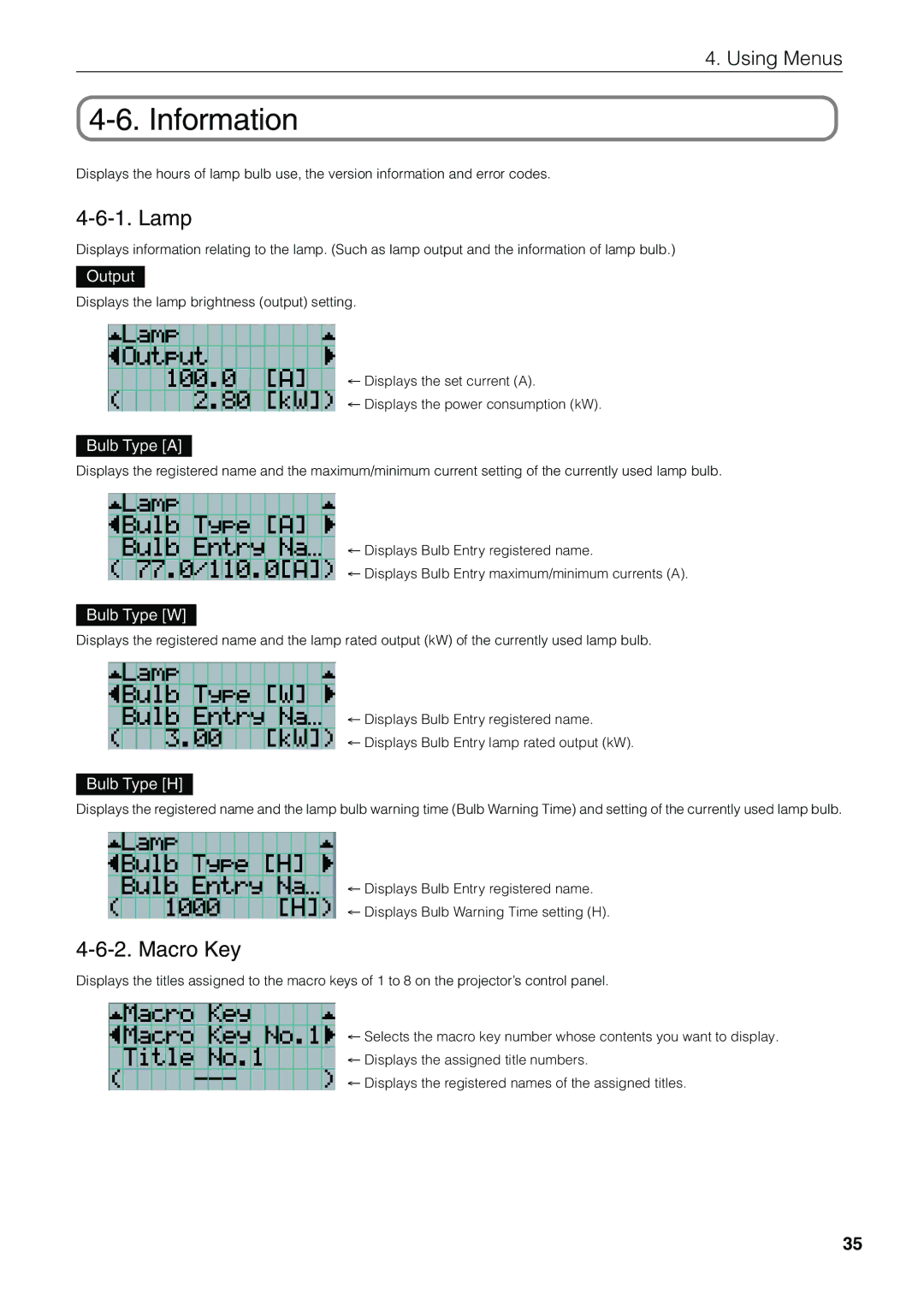 NEC NC1600C user manual Information, Lamp, Macro Key 