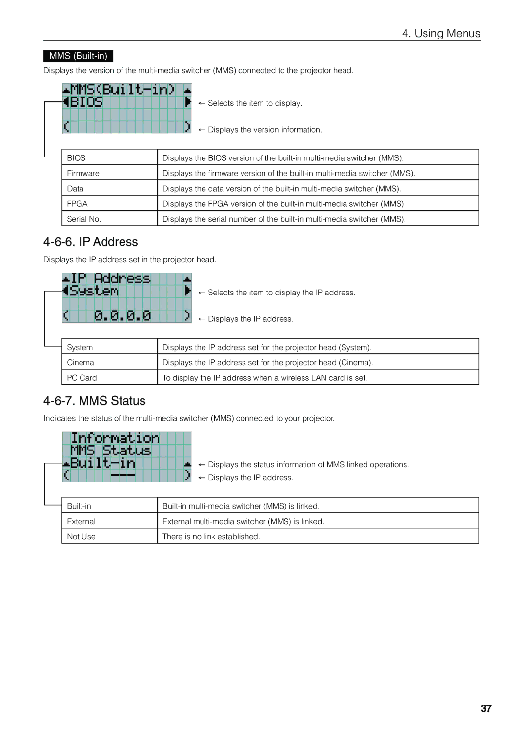 NEC NC1600C user manual IP Address, MMS Status, MMS Built-in 