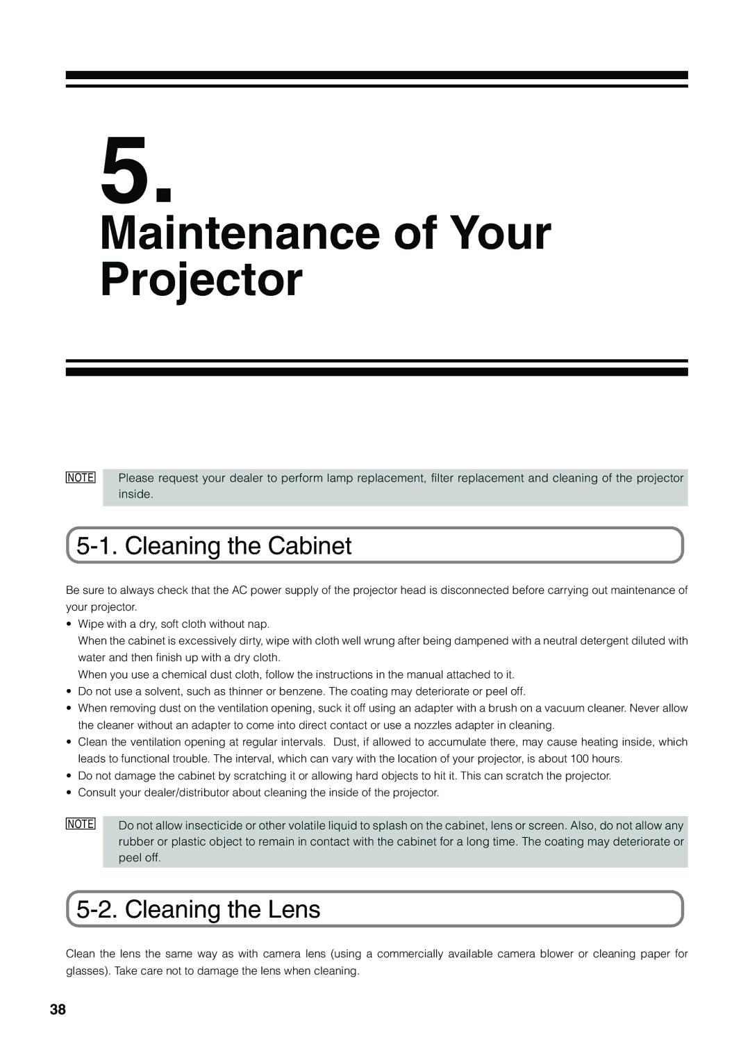 NEC NC1600C user manual Cleaning the Cabinet, Cleaning the Lens 