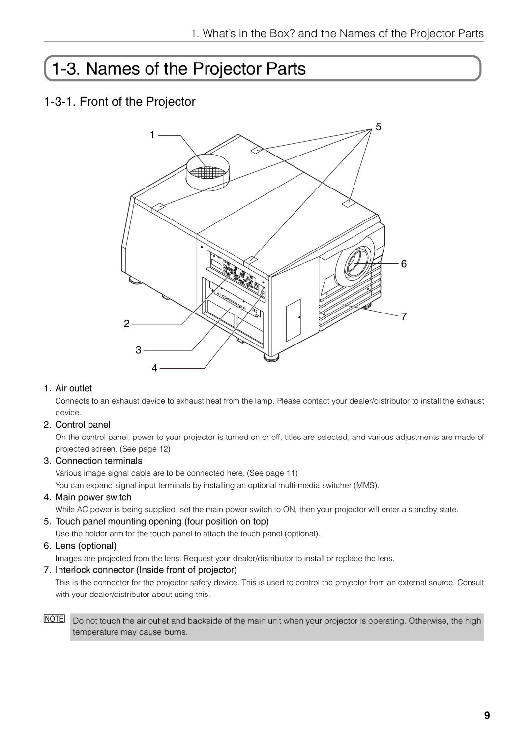 NEC NC1600C user manual Names of the Projector Parts, Front of the Projector 