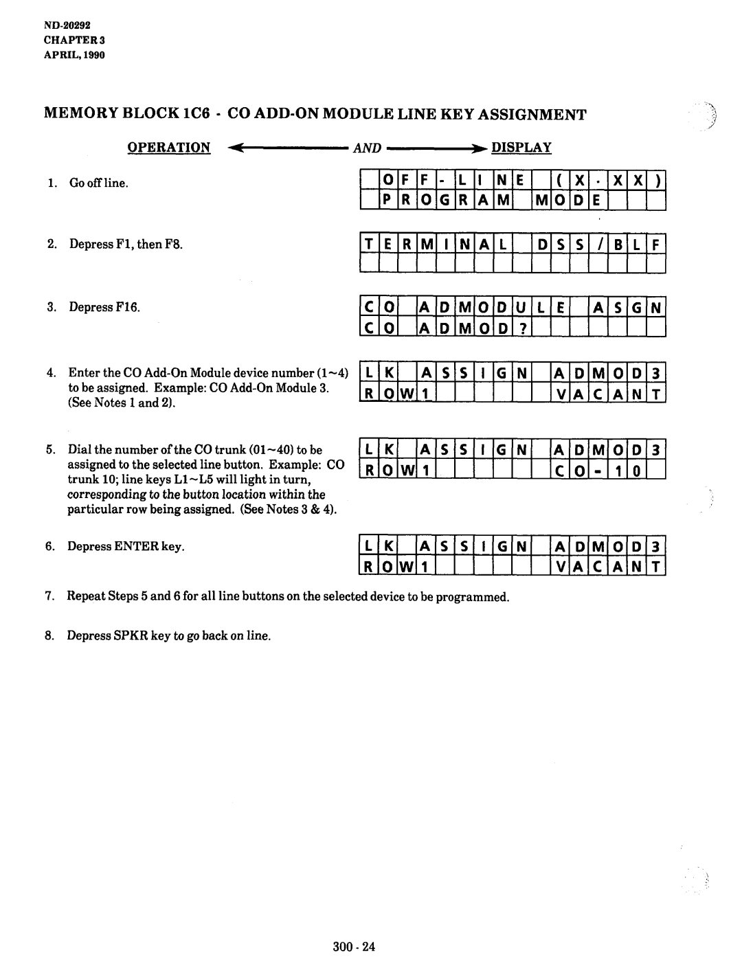 NEC nd-20292 Memory Block lC6 CO ADD-ON Module Line KEY Assignment, DsshL~, ADMOD? Assign Admod OWI, Assign Admod ROW1 