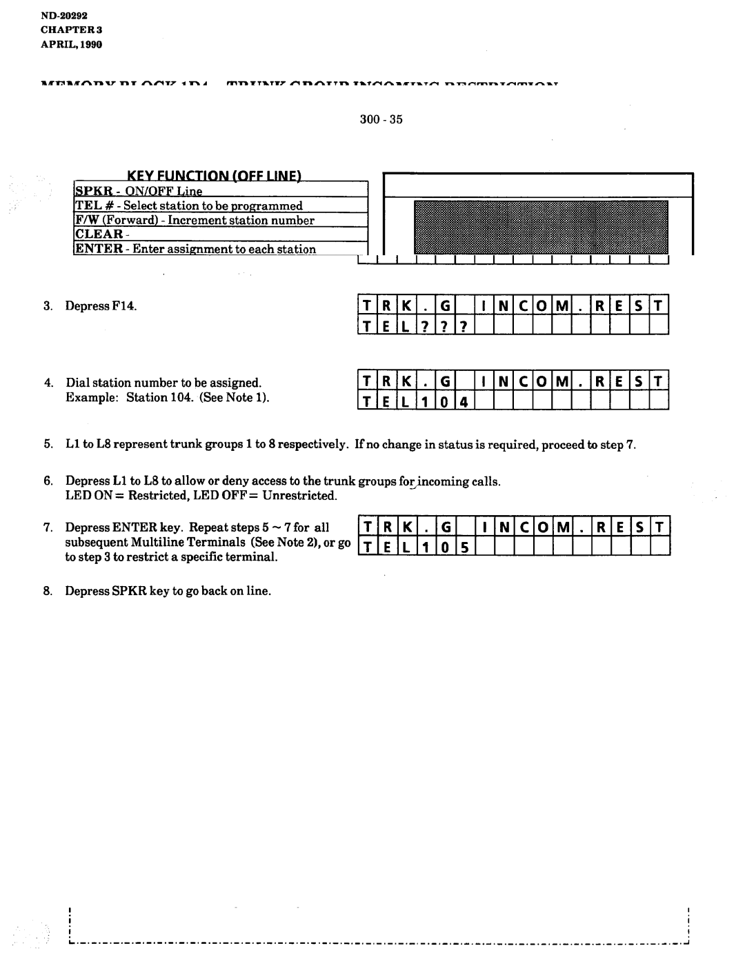 NEC nd-20292 manual Memory Block lD4 Trunk Group Incoming Restriction, TRK.GINCOM.REST TEL??? TRK.GINCOM.REST TEL104 