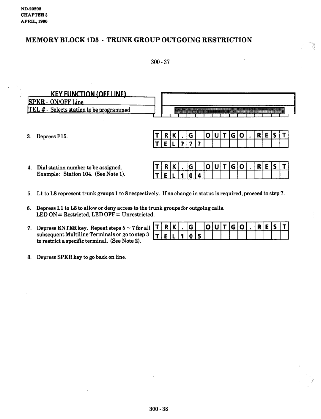 NEC nd-20292 manual Memory Block lD5 Trunk, Group Outgoing, ~.3, Line Program Mode Terminal Feature RK. G OUTGO.REST 