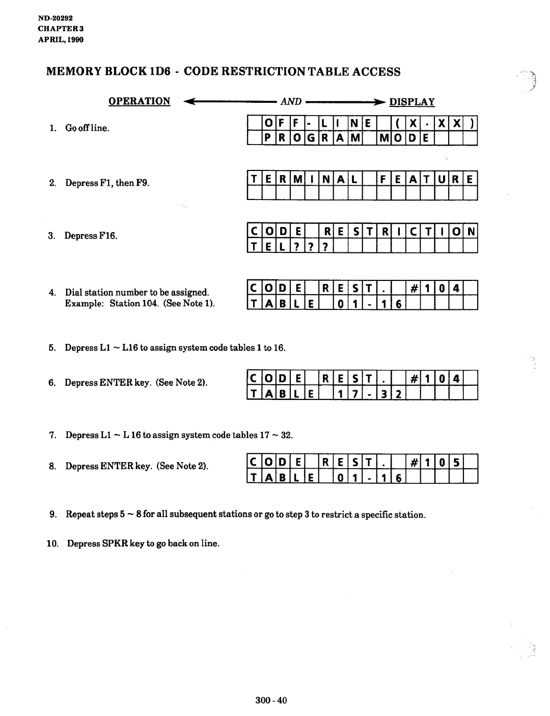 NEC nd-20292 manual Terminal Feature, Code Restriction, Code REST.#104, Code EST 