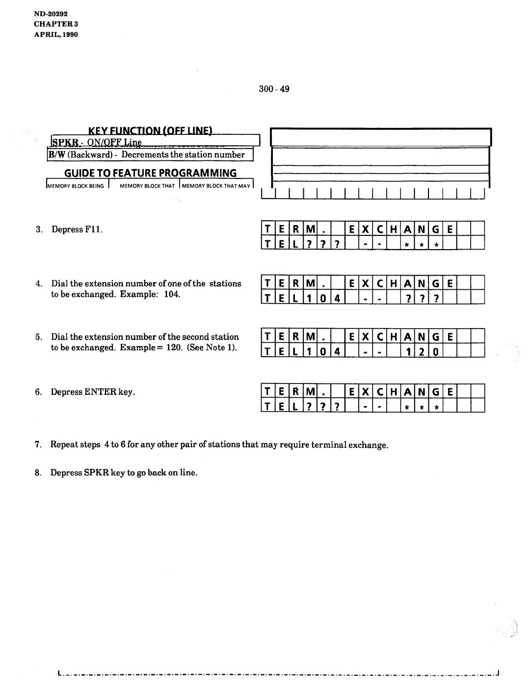 NEC nd-20292 Memory Block 1El Terminal Exchange, Line Program Mode Terminal Assign, TEL104 ? ?, Depress Enter key F-W 