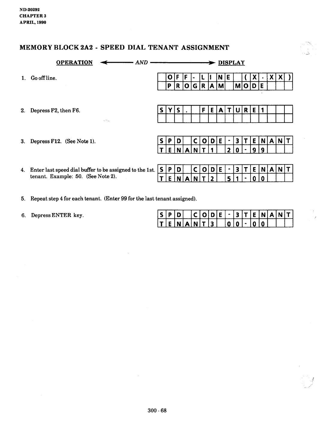 NEC nd-20292 manual Memory Block 2A2 Speed Dial Tenant Assignment, Line Program Mode, SYS FEATURE1, Code, TENANT1, TENANT2 