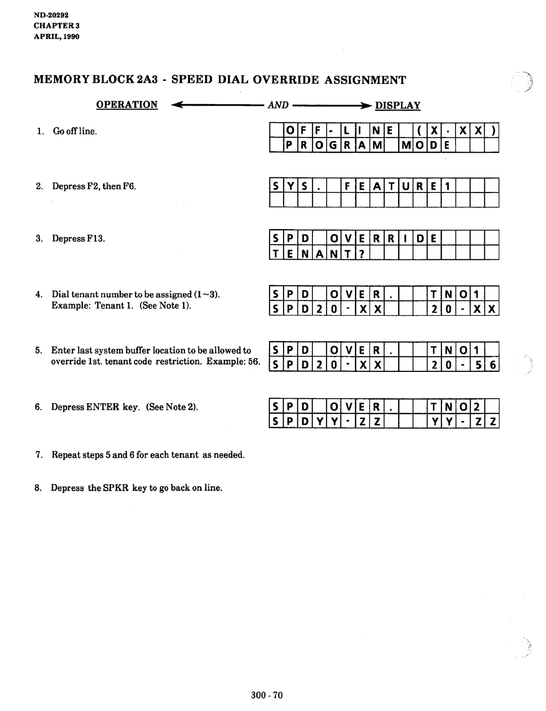 NEC nd-20292 Memory Block 2A3, Dial Override Assignment, Line Program Mode SYS, Override TENANT?, SPDZO-XX Over, Spdzo-Xx 