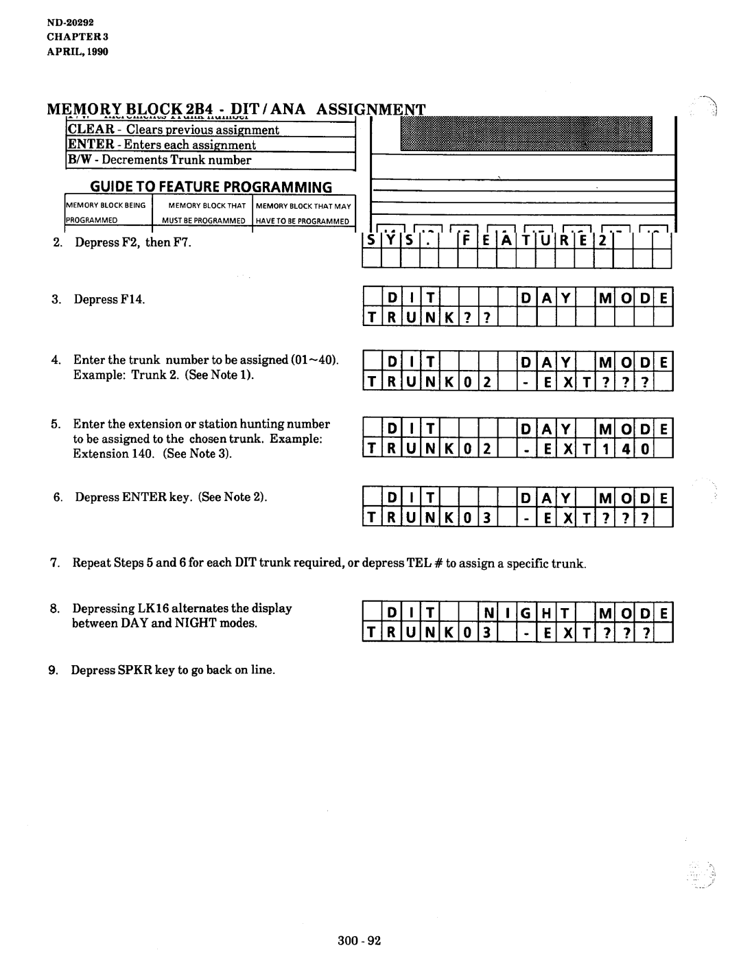 NEC nd-20292 manual Memory Block 2B4 DIT / ANA Assignment, Program Mode SYS, DAY Mode 