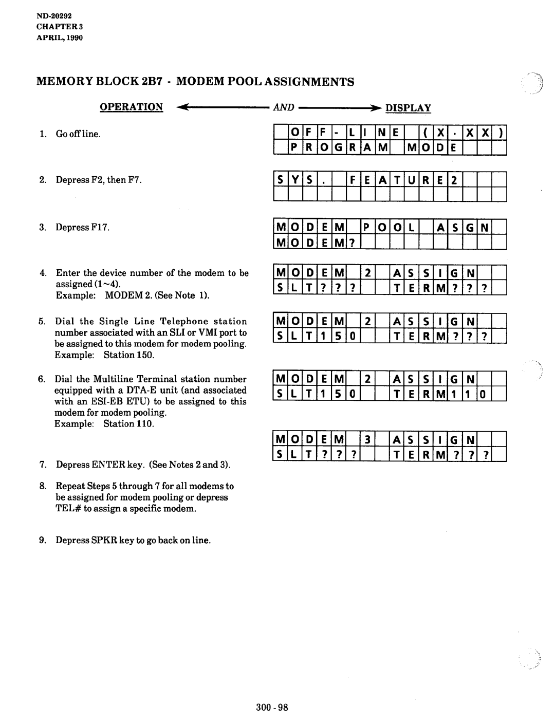 NEC nd-20292 manual Memory Block 2B7 Modem Pool Assignments Operation, S . FEATURE2, Modem Assign, SLT150 RMl 