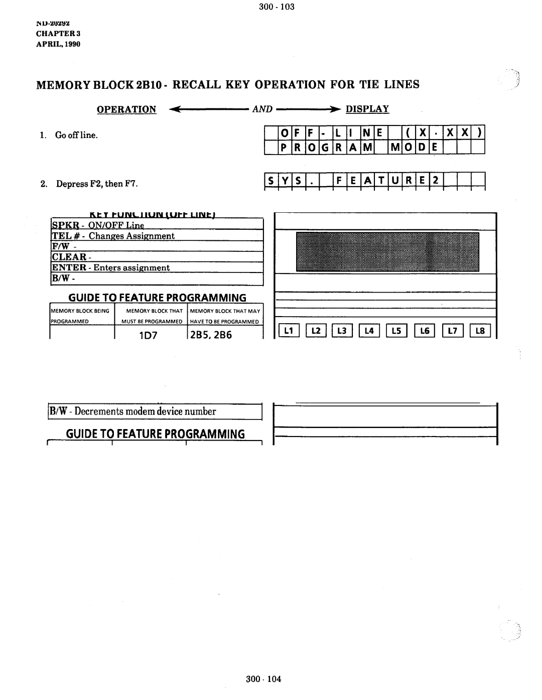 NEC nd-20292 manual Memory BLOCK2BlO, Recall KEY Operation For TIE Lines, Line Program Mode SYS FEATURE2 Recall 