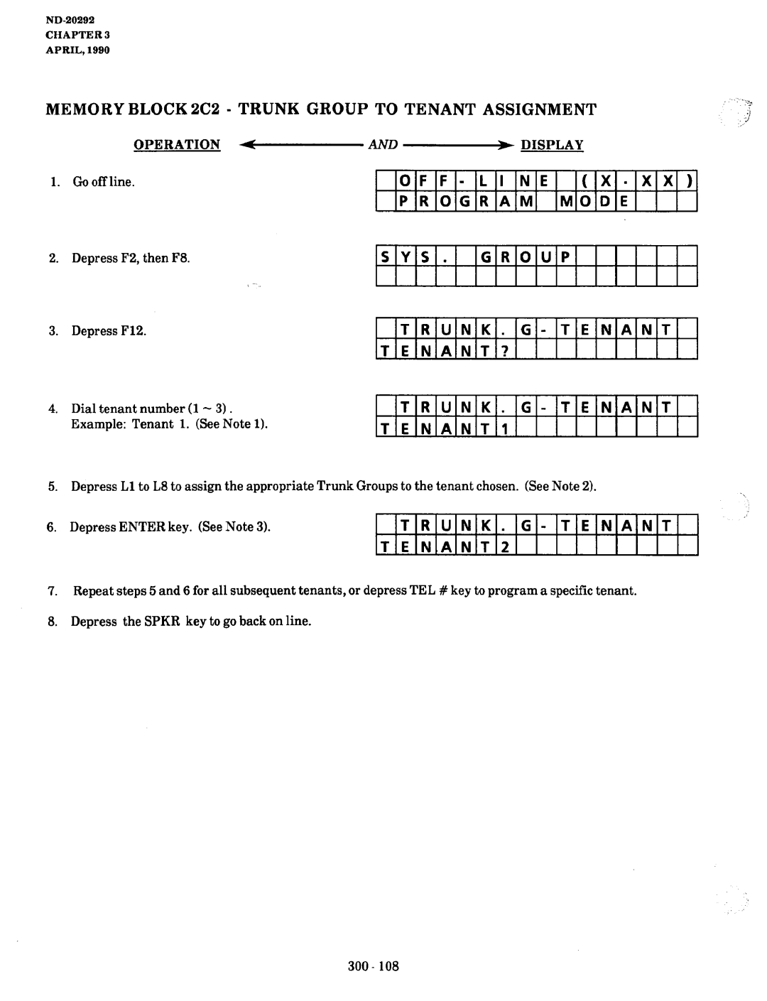 NEC nd-20292 Memory BLOCK2C2 Trunk Group to Tenant Assignment, Line Program Mode SYS Group Trunk Tenant TENANT? TENANT1 