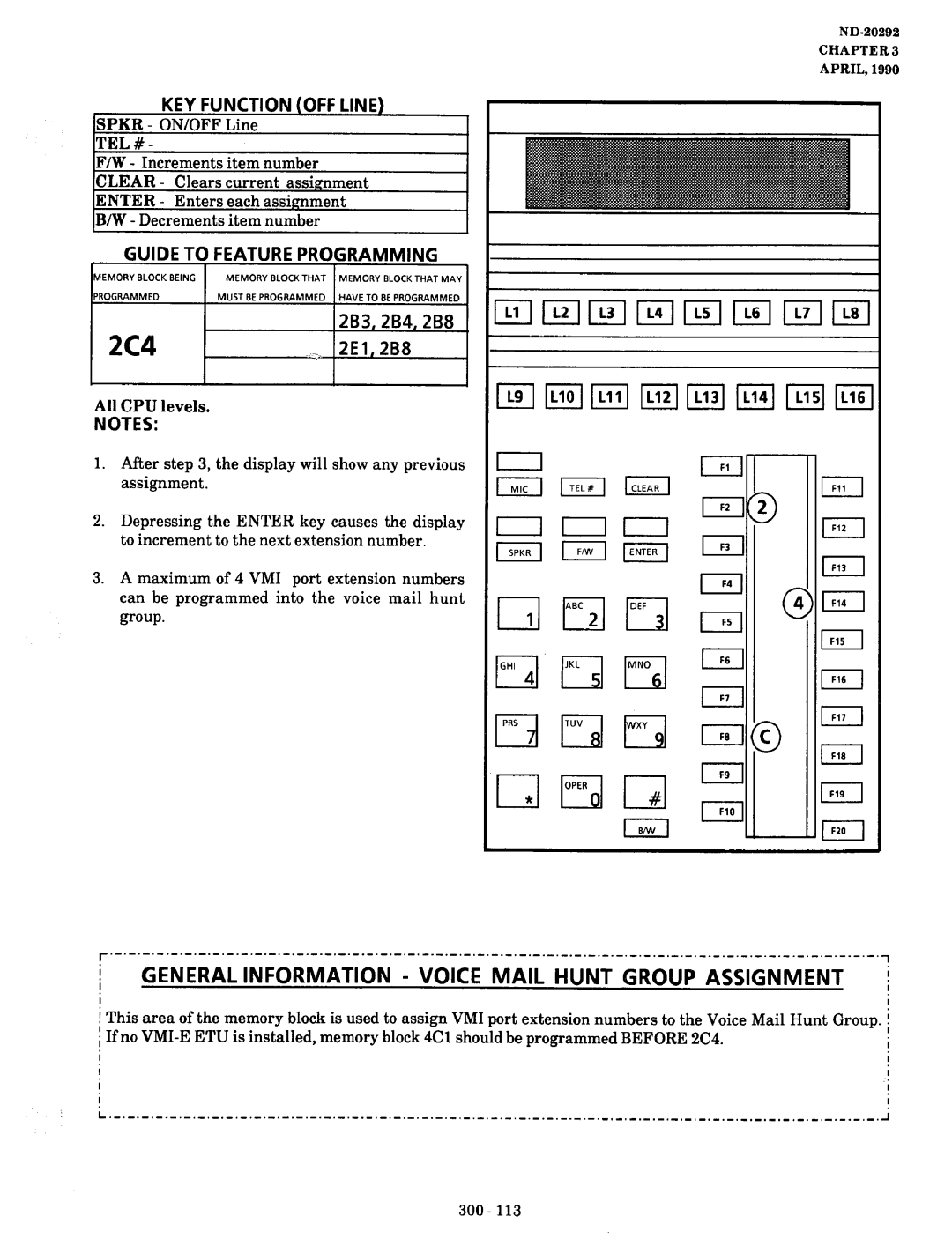 NEC nd-20292 manual Generalinformation Voice Mail Hunt Group Assignment, KEY Function OFF Line 