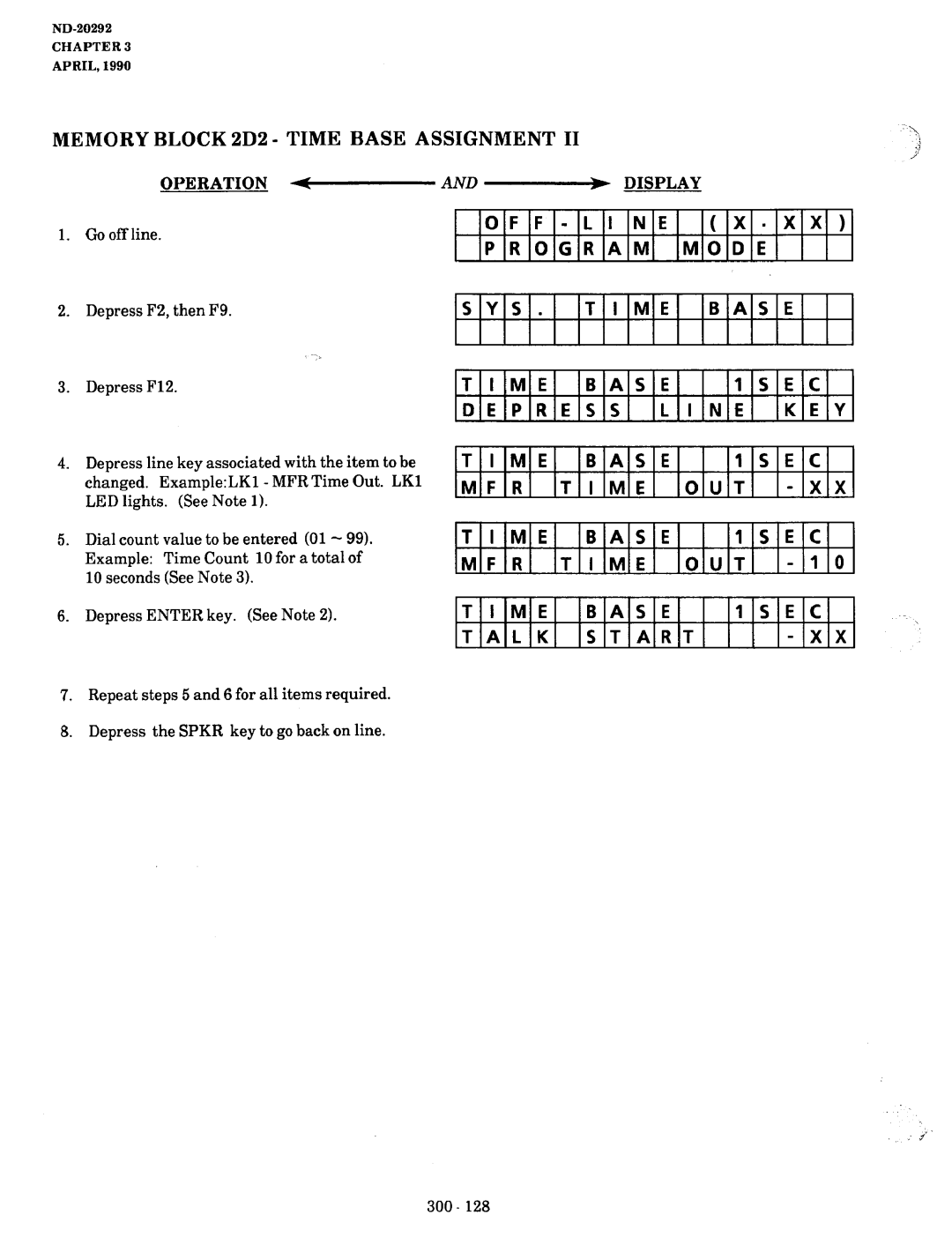 NEC nd-20292 Memory Block 2D2 Time Base Assignment, Line Program Mode SYS Base Isec Depress KEY, OUT Base Isec, Talk Start 