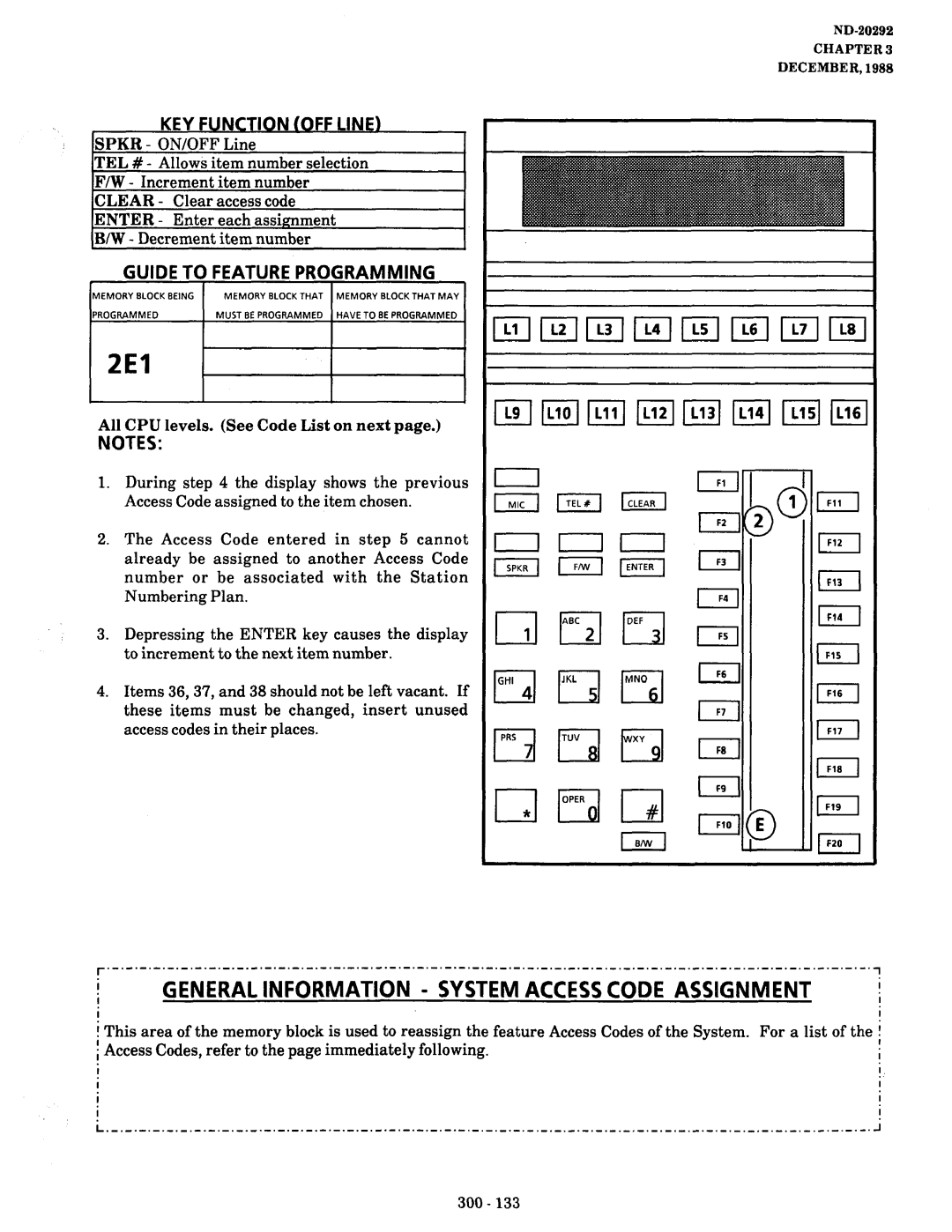 NEC nd-20292 manual 2El, General Information System Access Code Assignment, KEY Function OFF Linf 