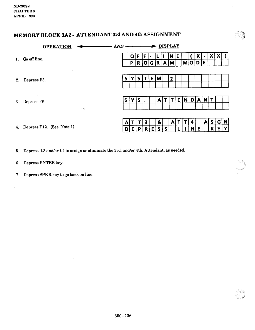 NEC nd-20292 Memory Block 3A2 Attendant 3rd and 4th Assignment, ATT3 Asgn Depress, Operation -AND -DISPLAY, Depress F3 