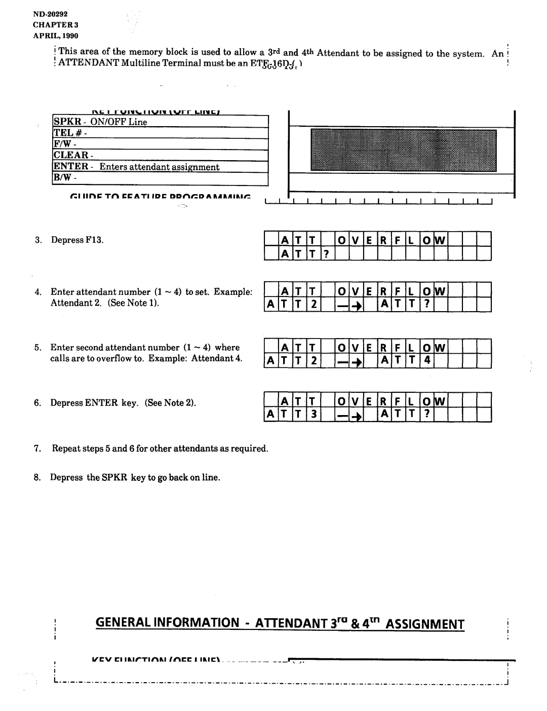 NEC nd-20292 manual Memory Block 3A3 Attendant Overflow Assignment, ATT Overflow ATT? ATT2-+ ATT? ATT2-+ ATT4 ATT3-+ ATT? 