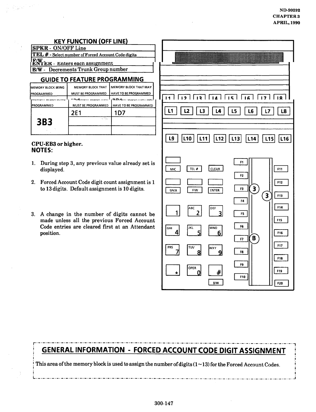 NEC nd-20292 manual 3B3, General Information Forced Account Code Digit Assignment, 300-147 