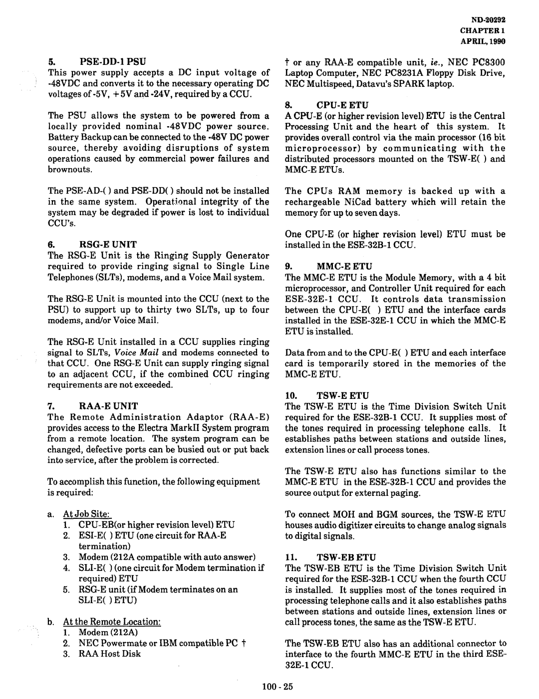 NEC nd-20292 manual This power supply accepts a DC input voltage, PSE-DD-1 PSU, RSG-E Unit, RAA-E Unit, Cpu-E Etu 