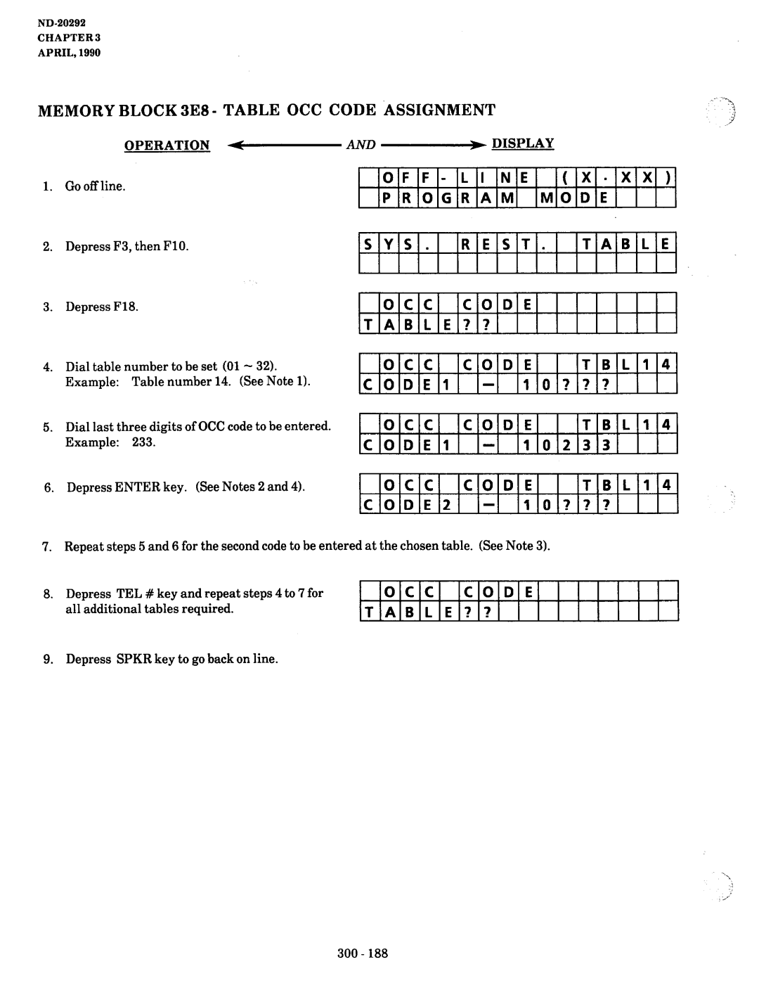 NEC nd-20292 manual Memory Block 3E8 Table OCC Code ‘ASSIGNMENT, Code TABLE??, Code TBL14 CODE1, 10233, Code TBL14 CODE2 