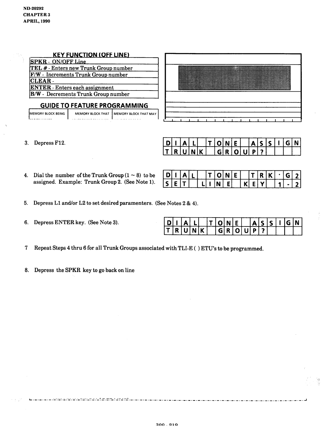 NEC nd-20292 manual Memory Block 4E2 TLI Dial Tone Assignment, ASS Trunk GROUP?, TRK-G2, Set Li N E Key 