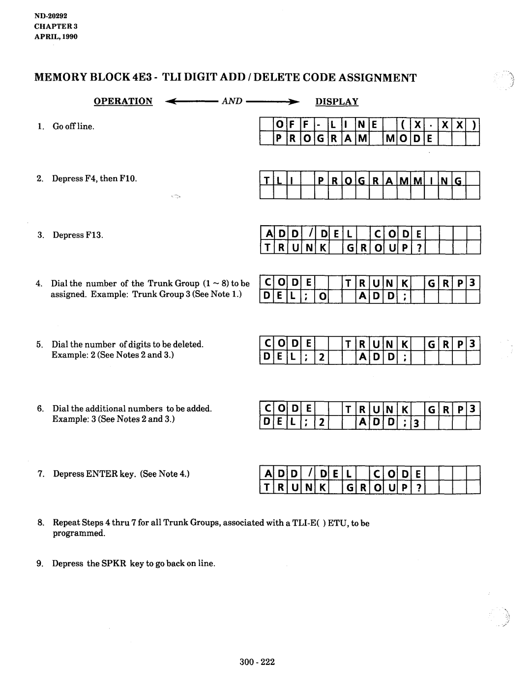 NEC nd-20292 manual Memory Block 4E3 TLI Digit ADD /DELETE Code Assignment, TLI Programming, Code Trunk GROUP?, Del Add 