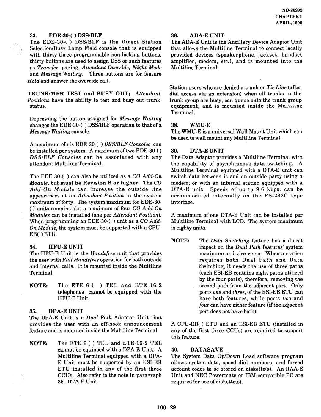 NEC nd-20292 manual HFU-E Unit, DPA-E Unit, ADA-E Unit, ADA-ER Unit, DTA-E Unit 