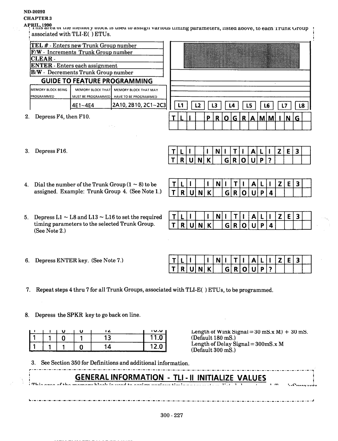 NEC nd-20292 manual Memory Block 4E6 TLI Initialized Values, INITIALIZE3 Trunk GROUP4 I I NI TI ALI ZE3 TRUNKGROUP? 