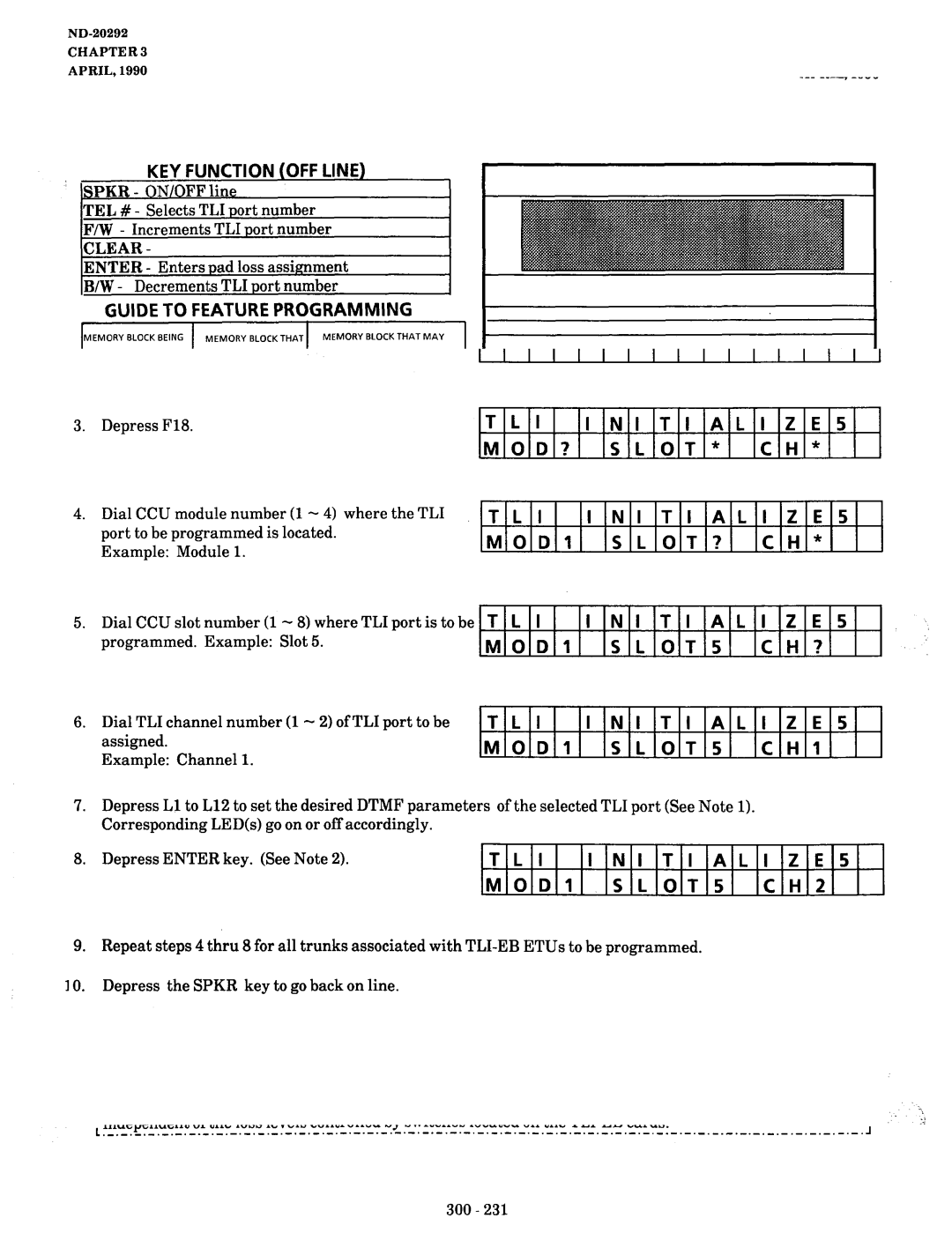 NEC nd-20292 manual Memory Block 4E8 TLI-V Initialized Values, Line Program Mode Programmi, MOD1 CH?, TLI ALI ZE5 