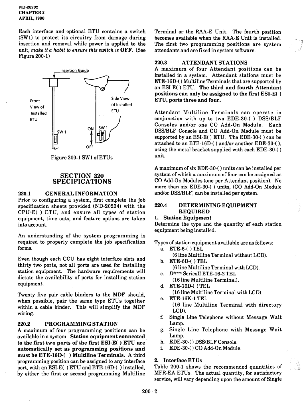 NEC nd-20292 manual Section Specifications, Programming Station 