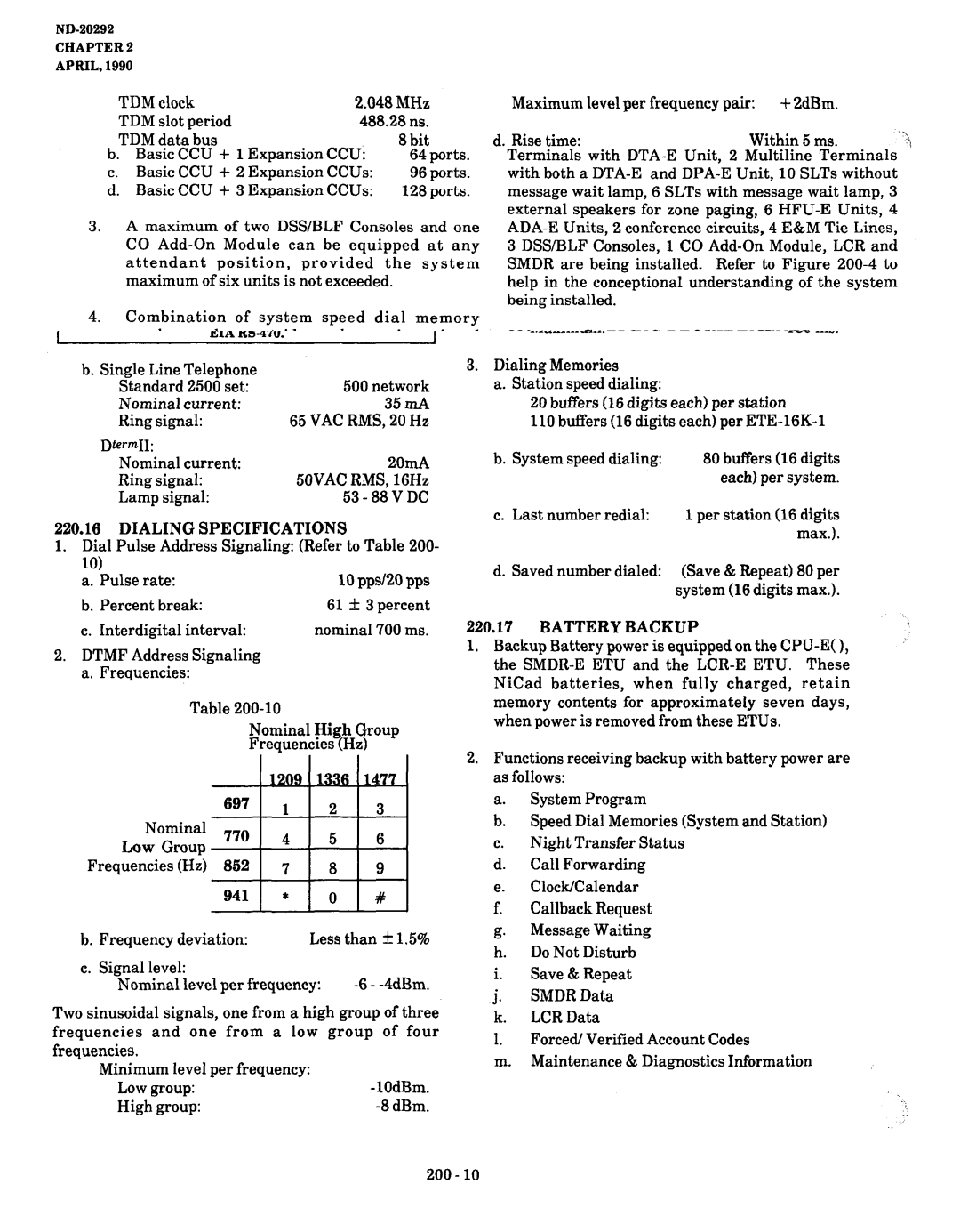 NEC nd-20292 manual Dialing Specifications, Battery Backup 