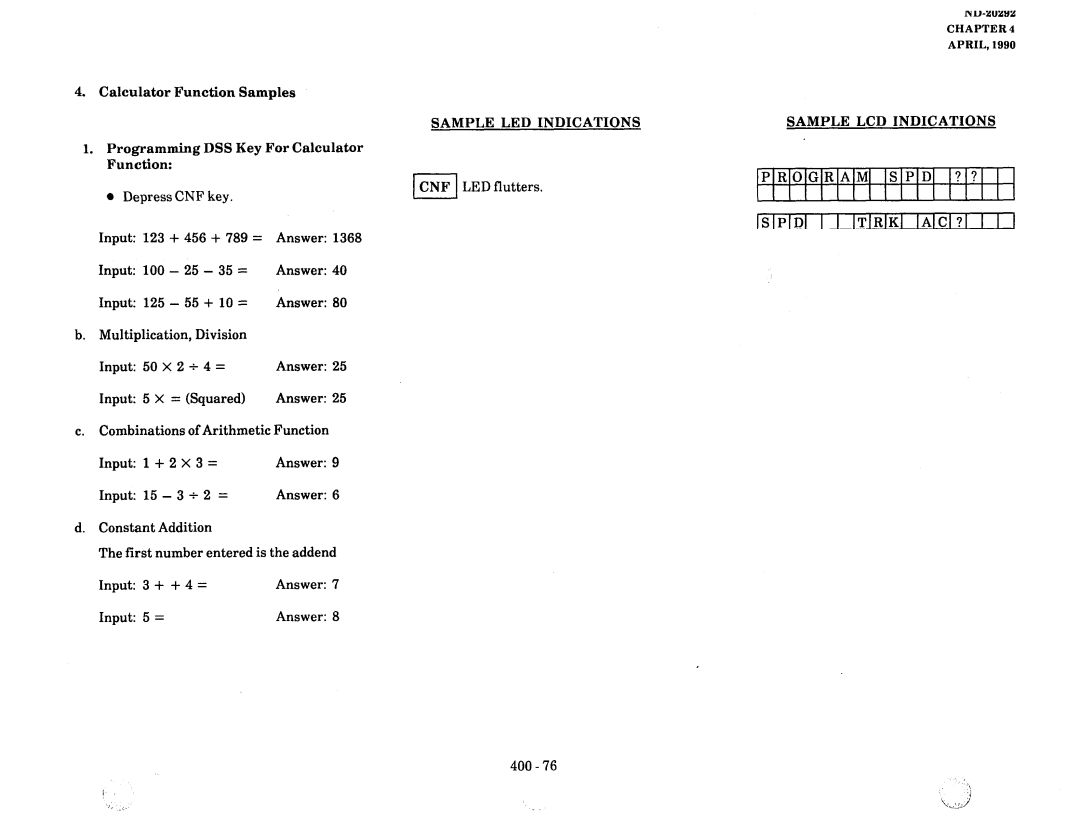 NEC nd-20292 manual LCD during, Calculation, do not continue making entries, Addition, Input 123, 789 =, 1368, Input 100 