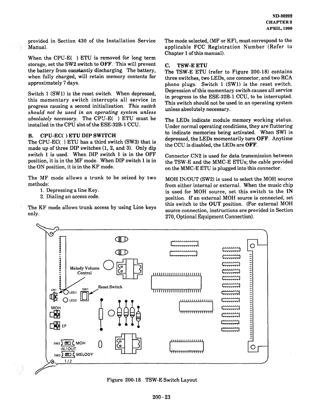 NEC nd-20292 manual TSW-E Switch Layout 200, CPU-EC ETU DIP Switch 