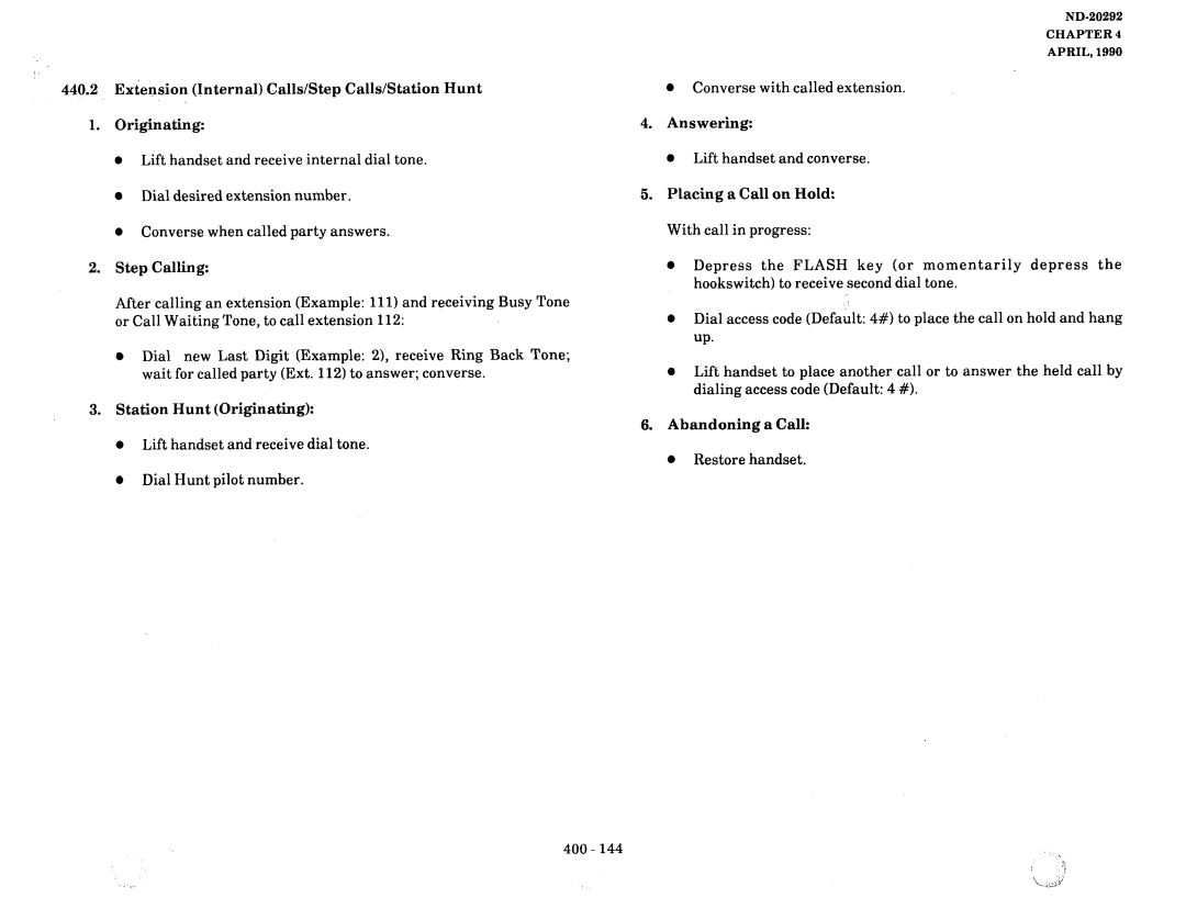 NEC nd-20292 manual Step Calling, Station Hunt Originating, Placing a Call on Hold, Abandoning a Call a Restore handset 