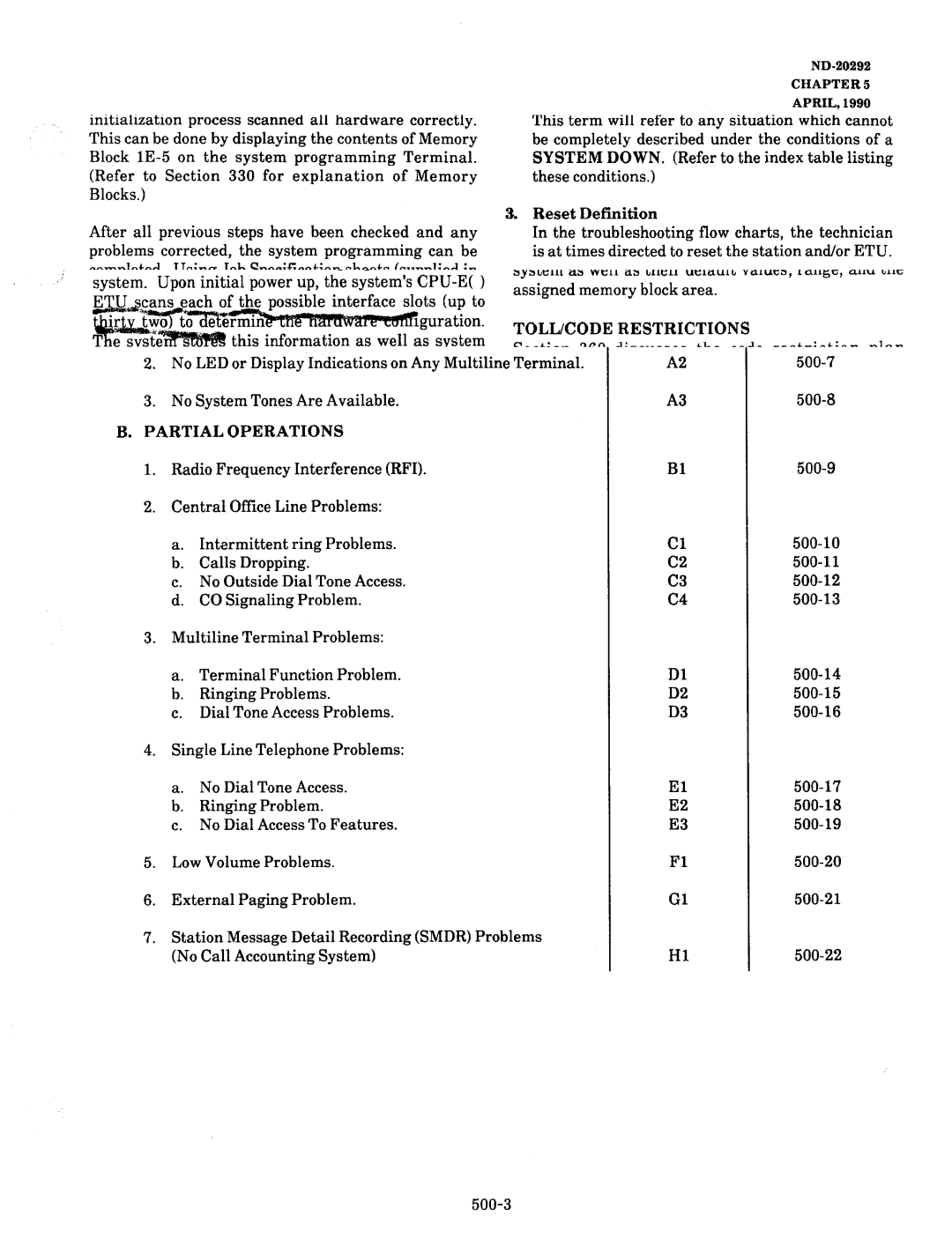 NEC nd-20292 manual 500-6 500-7 500-8, Index Table Condition System Down, Partial Operations, Flow Chart Number 