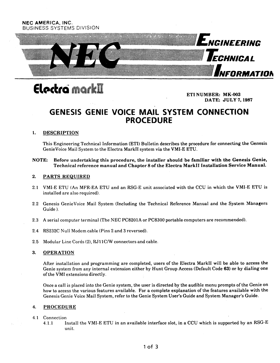 NEC nd-20292 manual Genesis Genie Voice Mail System Connection Procedure 